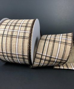 Chocolate, Tan, White Plaid Ribbon – 2.5″ x 10 yards