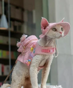 Pink Denim Harness Leash with Backpack for Cats